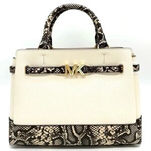 Michael Kors Large Reed Leather Belted Satchel Crossbody Bag Cream Snakeskin